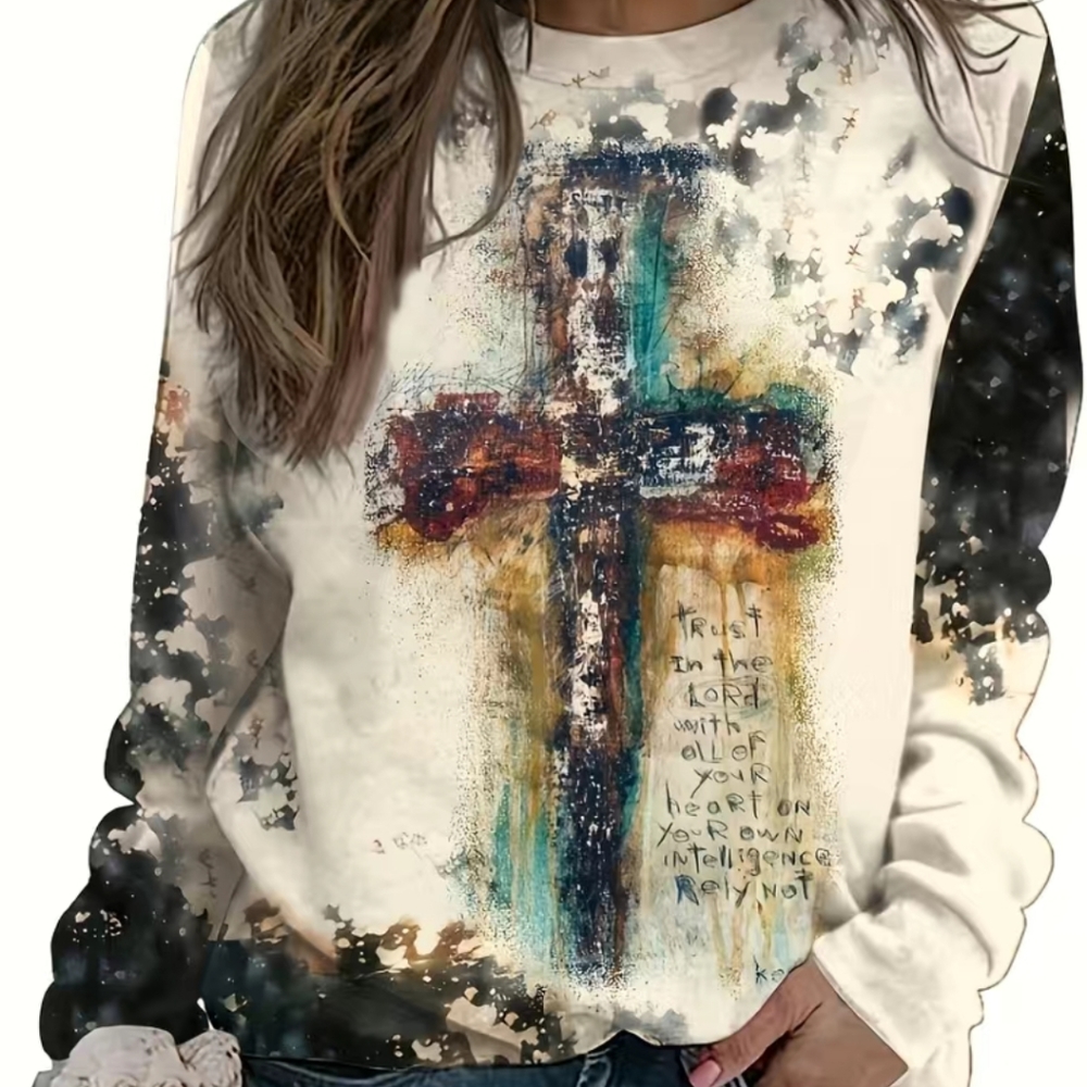 Cross print crew neck tee shirt